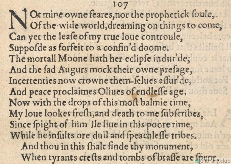 Sonnet 107. First edition of Shakespeare's Sonnets, 1609.