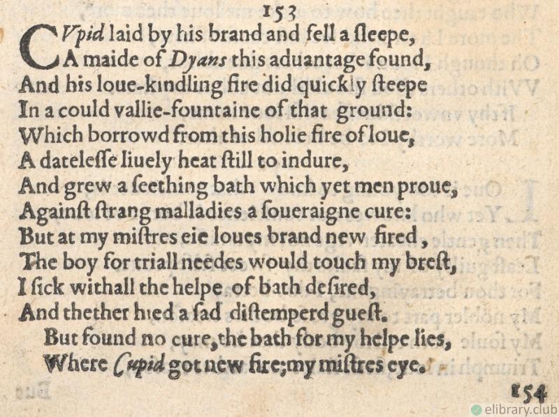 Sonnet 153. First edition of Shakespeare's Sonnets, 1609.