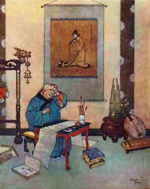 The music-master wrote a work, in twenty-five volumes, about the artificial bird, which was very learned and very long, and full of the most difficult Chinese words. The Nightingale by Hans Christian Andersen (1805-1875). Illustrated by Edmund Dulac, 1911
