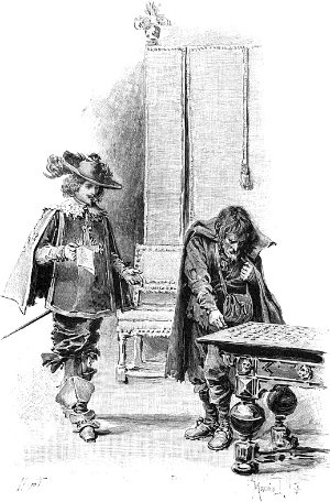 The mendicant continued to rip his garments; and drew from amid his rags a hundred and fifty Spanish double pistoles, which he laid down on the table. The Three Musketeers by Alexandre Dumas. Illustrated by Maurice Leloir, 1894