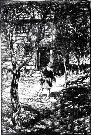 The moon shone bright upon the little court before the cottage, and the white pebbles glittered like daisies on the green meadows. So he stooped down, and put as many as he could into his pocket, and then went back to the house. Hansel and Grethel by the Brothers Grimm. Illustrated by Arthur Rackham (1867-1939)