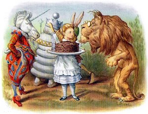 The Lion had joined them while this was going on: he looked very tired and sleepy, and his eyes were half shut. Through the Looking-Glass, and What Alice Found There by Lewis Carroll (1871). Illustrated by John Tenniel (1872)