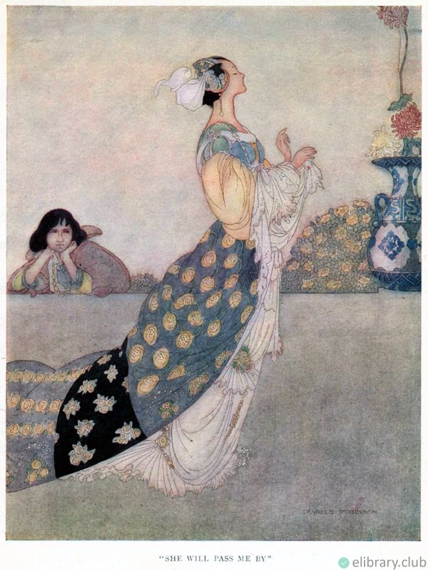 She will pass me by. The Nightingale and the Rose by Oscar Wilde (1888). Illustrated by Charles Robinson (1913)