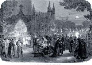 The death of King John, in an 1865 production of the play at the Drury Lane Theatre, London