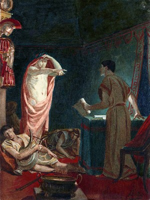 A late 19th century painting of Act IV, Scene iii of Shakespeare's Julius Caesar: Brutus sees Caesar's ghost