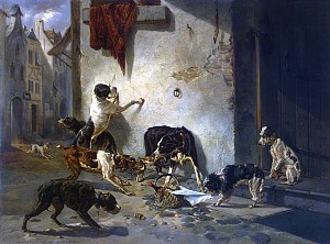 The dog who carries his master's dinner round his neck. Oil painting of La Fontaine's Fable. Joseph Stevens, 1846