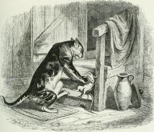 THE OLD CAT AND THE YOUNG MOUSE. Fable by Jean de La Fontaine. Illustration by Grandville