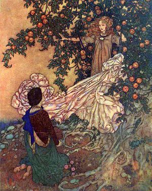 The fairy threw off her dazzling attire, bent back the boughs, and in another moment was hidden among them. The Garden of Paradise by Hans Christian Andersen (1805-1875). Illustrated by Edmund Dulac, 1911