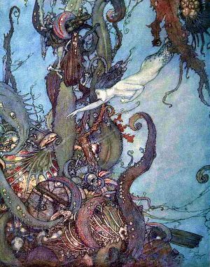 But the little mermaid had no occasion to do this, for the polypi sprang back in terror when they caught sight of the glittering draught, which shone in her hand like a twinkling star. The Little Mermaid by Hans Christian Andersen. Illustrated by Edmund Dulac, 1911