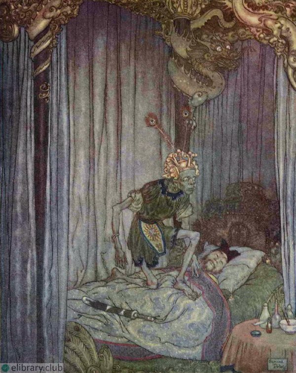 Even Death himself listened, and said, ″Go on, little nightingale, go on.″. The Nightingale by Hans Christian Andersen (1805-1875). Illustrated by Edmund Dulac, 1911