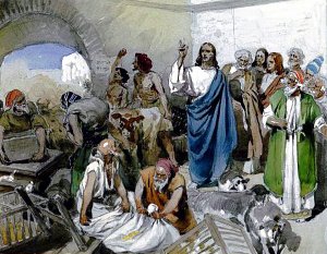And Jesus went into the temple of God, and cast out all them that sold and bought in the temple, and overthrew the tables of the moneychangers, and the seats of them that sold doves... Bible. Illustrated by Klavdy Lebedev (1852-1916)
