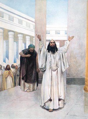 Two men went up into the temple to pray; the one a Pharisee, and the other a publican. Bible. Illustrated by Klavdy Lebedev (1852-1916)