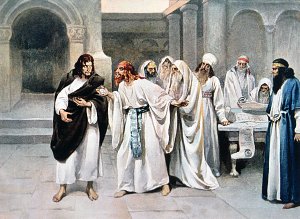 And they were glad, and covenanted to give him money. And he promised, and sought opportunity to betray him unto them in the absence of the multitude. Bible. Illustrated by Klavdy Lebedev (1852-1916)