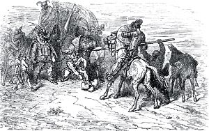 CHAPTER XI. OF THE STRANGE ADVENTURE WHICH THE VALIANT DON QUIXOTE HAD WITH THE CAR ORCART OF “THE CORTES OF DEATH”. Don Quixote by Miguel de Cervantes (1547-1616). Illustrated by Gustave Doré (1832–1883)