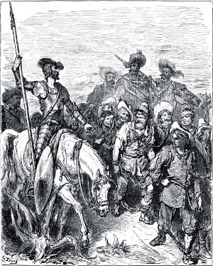 DON QUIXOTE ASKED THE FIRST FOR WHAT CRIMES HE WAS IN THESE MISERABLE CIRCUMSTANCES. Don Quixote by Miguel de Cervantes (1547-1616). Illustrated by Gustave Doré (1832–1883)