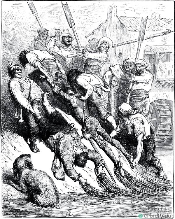 THEY WERE BOTH HAULED ASHORE, MORE OVER-DRENCHED THAN THIRSTY. Don Quixote by Miguel de Cervantes (1547-1616). Illustrated by Gustave Doré (1832–1883)