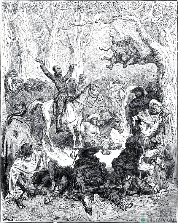 DON QUIXOTE, MOUNTED ON ROZINANTE, DECLAIMING VERY COPIOUSLY AGAINST THEIR WAY OF LIVING. Don Quixote by Miguel de Cervantes (1547-1616). Illustrated by Gustave Doré (1832–1883)