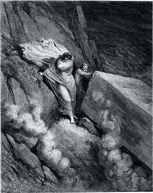 We drew ourselves aside behind the cover of a great tomb. The Divine Comedy by Dante Alighieri (1265-1321). Illustrated by Gustave Dore (1832-1883)