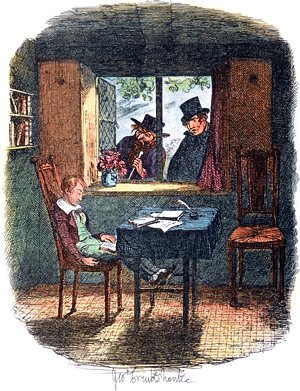 Monks and the Jew. Oliver Twist by Charles Dickens (1837-1839). Illustrated by George Cruikshank (1838)