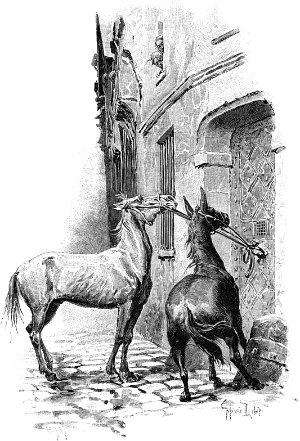 In a short time the two unfortunate beasts, who had not eaten anything since the morning, made such a noise in raising and letting fall the knocker that the procurator ordered his errand boy to go and inquire in the neighborhood to whom this horse and mule belonged. The Three Musketeers by Alexandre Dumas. Illustrated by Maurice Leloir, 1894
