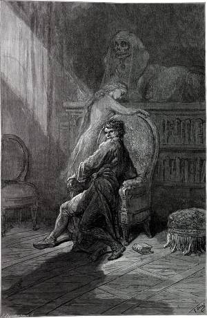 On this home by Horror haunted. The Raven by Edgar Allan Poe. Illustrated by Gustave Doré