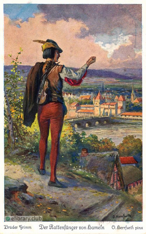 Finally he went away, bitter and angry. The Children of Hameln by the Brothers Grimm. Illustrated by Oskar Herrfurthg (1862-1934)