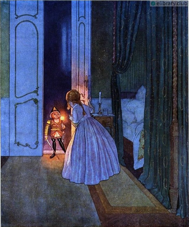 Nutcracker stood outside the door with a bloody sword in one hand and a candle in the other. The Nutcracker and the Mouse King by Ernst Theodor Amadeus Hoffmann (1816). Illustrated by Artuš Scheiner (1863-1938)