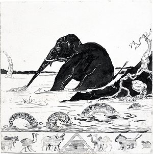 This is the Elephant's Child having his nose pulled by the Crocodile... The Elephant's Child by Rudyard Kipling. Illustrated by Rudyard Kipling