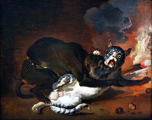 The Monkey and the Cat by Jean de La Fontaine. Illustrated by Abraham Hondius (1631-1691)