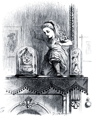 In another moment Alice was through the glass, and had jumped lightly down into the Looking-glass room. Through the Looking-Glass, and What Alice Found There by Lewis Carroll (1871). Illustrated by John Tenniel (1872)