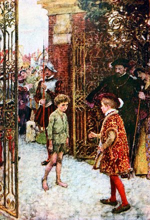 The little Prince of Poverty passed in. The Prince and the Pauper by Mark Twain (1881). Illustrated by William Hatherell (1909)