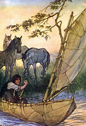 Getting into my canoe, I pushed off from shore. Gulliver’s Travels by Jonathan Swift. Illustrated by Milo Winter, 1912