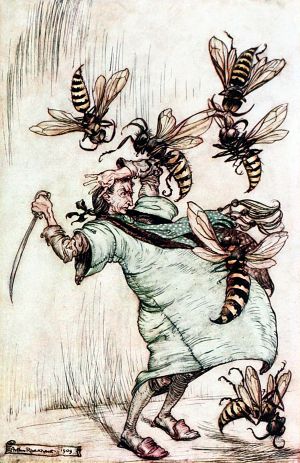 GULLIVER S COMBAT WITH THE WASPS. Gulliver’s Travels by Jonathan Swift. Illustrated by Arthur Rackham, 1899