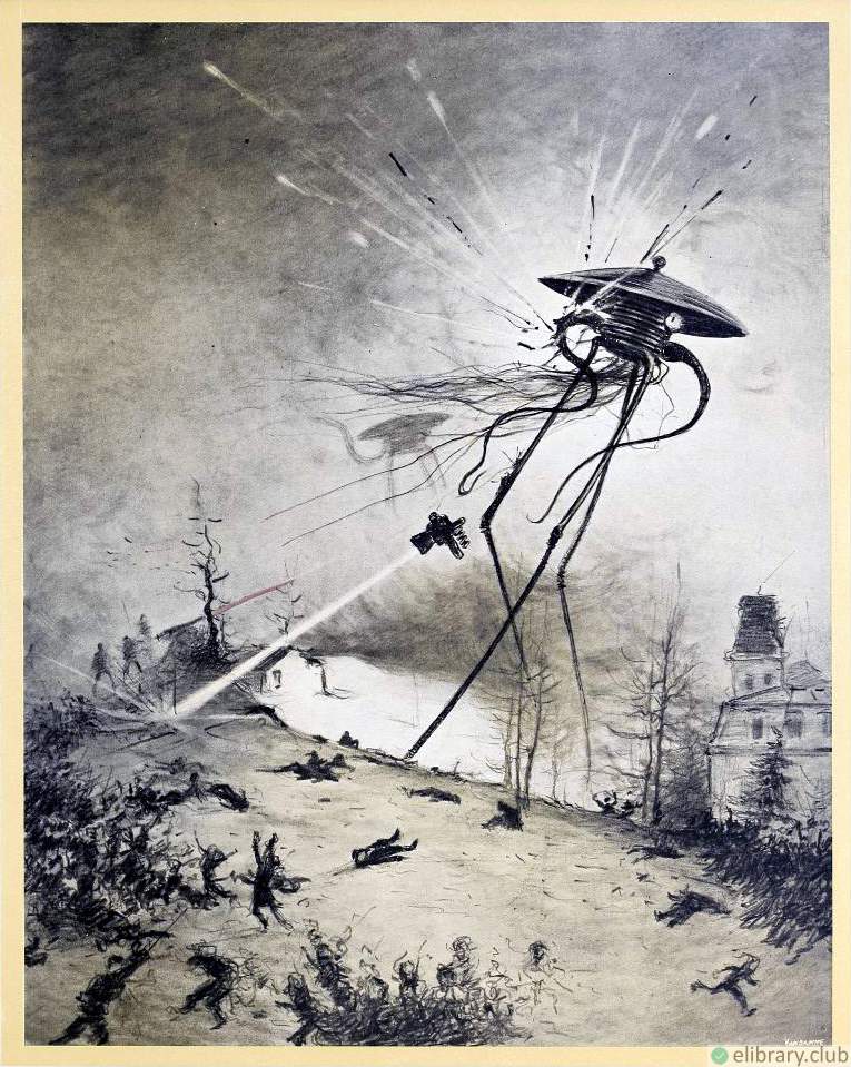 The shell burst clean in the face of the Thing. The hood bulged, flashed, was whirled off in a dozen tattered fragments of red flesh and glittering metal. The War of the Worlds by H. G. Wells. Illustrated by Alvim Corrêa, 1906